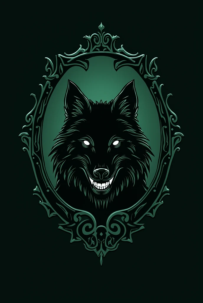 The emblem of the Necromancy faculty at Hogwarts. The color is dark green, the emblem has a black wolf with a grin. Wolf's eyes are white. The wolf should be drawn precisely in outline, as a symbol, not too realistic. The symbolism of necromancy. Coat of arms in a beautiful frame. Sterious mysterious gloomy vibes.