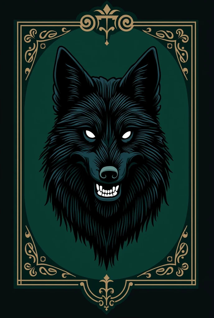 The emblem of the Necromancy faculty at Hogwarts. The color is dark green, the emblem has a black wolf with a grin. Wolf's eyes are white. The wolf should be drawn precisely in outline, as a symbol, not too realistic. The symbolism of necromancy. Coat of arms in a beautiful frame. Sterious mysterious gloomy vibes.