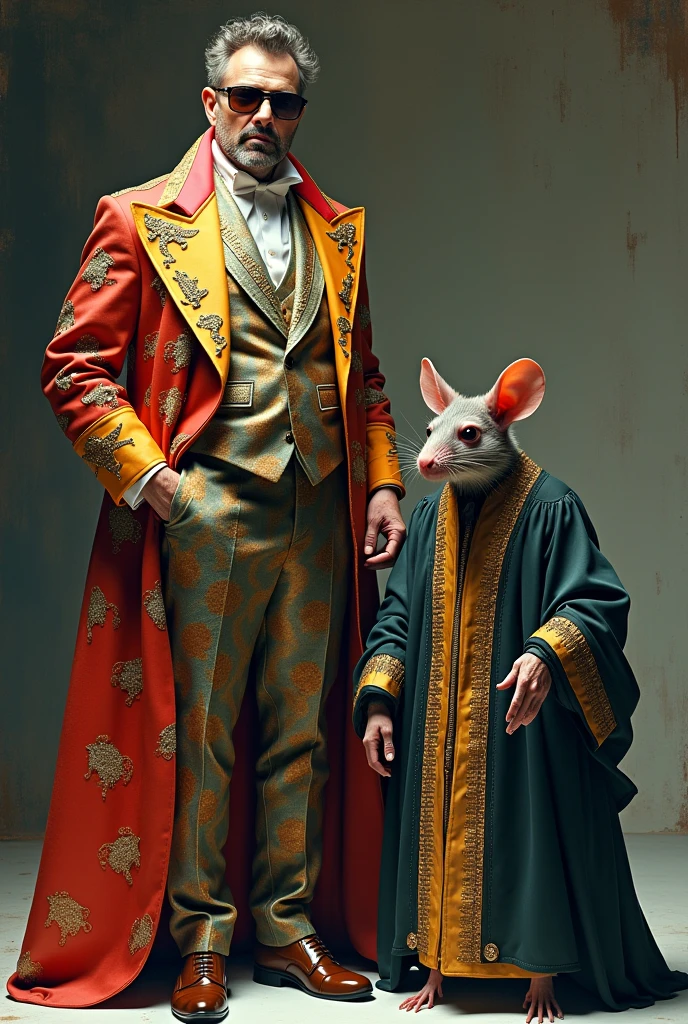Create an image of an authority figure wearing brightly colored luxury clothing from a Prada fashion show and next to him a disgusting rat wearing a judge's robe