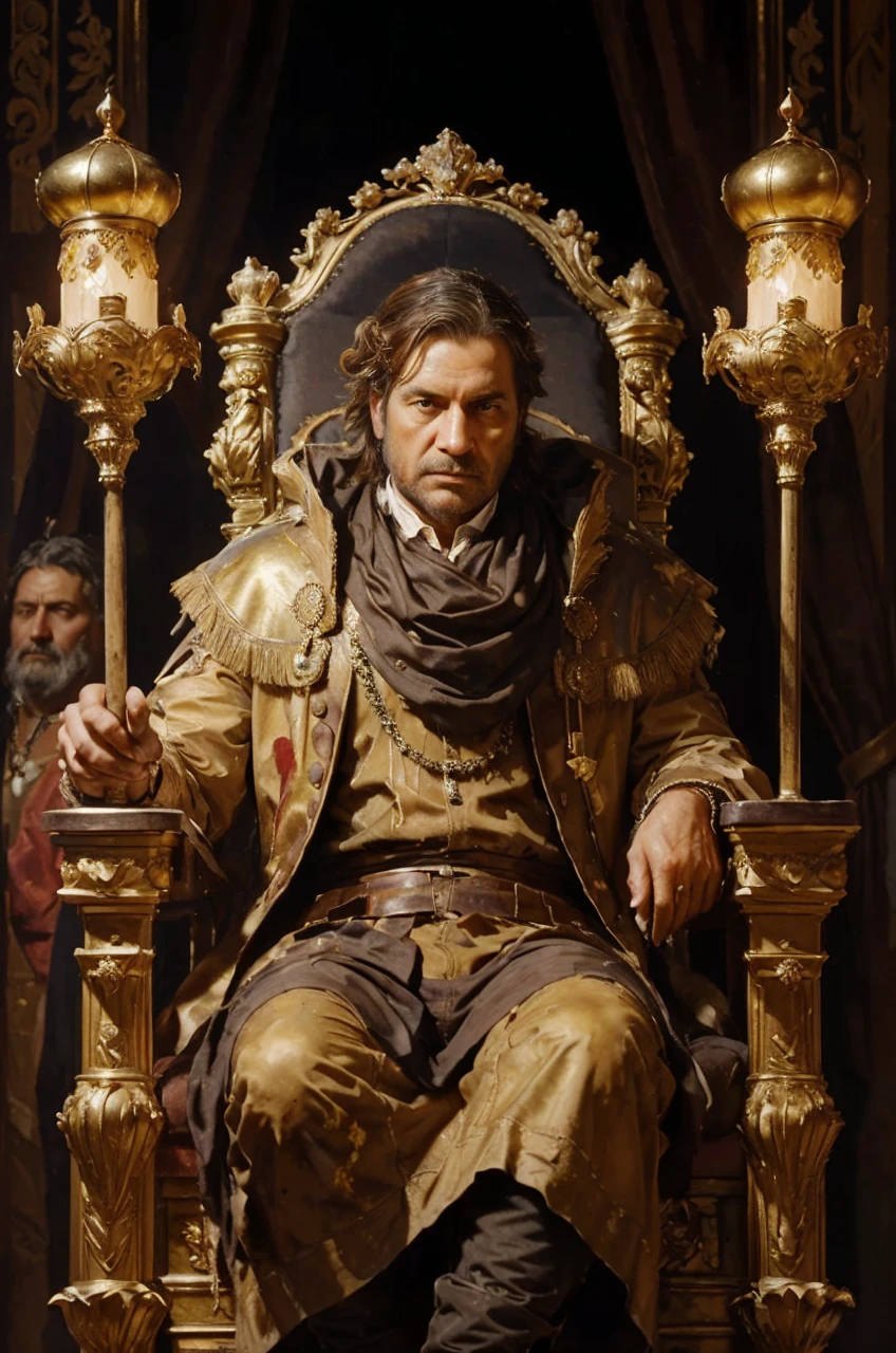 (oil painting,brush strokes),(18th poor man sitting on the throne),(detailed facial expression), dirty outfit,dirty surroundings, worst crown and scepter,Historical setting,soft lighting,rich color palette,luxurious textures,Estilo Retrato,extremely low class classical art, {absurdly beautiful} and the picture angle is the photographer click in front