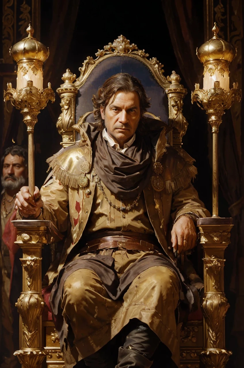 (oil painting,brush strokes),(18th poor man sitting on the throne),(detailed facial expression), dirty outfit,dirty surroundings, worst crown and scepter,Historical setting,soft lighting,rich color palette,luxurious textures,Estilo Retrato,extremely low class classical art, {absurdly beautiful} and the picture angle is the photographer click in front 