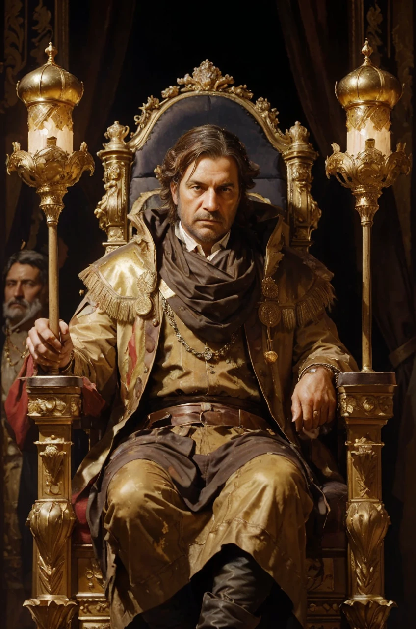(oil painting,brush strokes),(18th poor man sitting on the throne),(detailed facial expression), dirty outfit,dirty surroundings, worst crown and scepter,Historical setting,soft lighting,rich color palette,luxurious textures,Estilo Retrato,extremely low class classical art, {absurdly beautiful} and the picture angle is the photographer click in front 