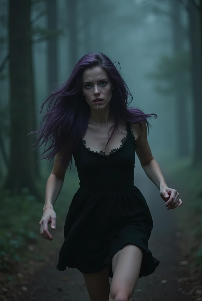 English woman,20 year, very white light skin,sparkling green eyes,long dark purple hair  ,ripped black dress,sobbing,sprinting,black forest scenario,cold lighting,full focus,cinema image,品質,full body images,detailed,Photography,ela esta sobbing em desespero,tears on your face,black fog,the image shows only her from behind,((she is completely turned away))