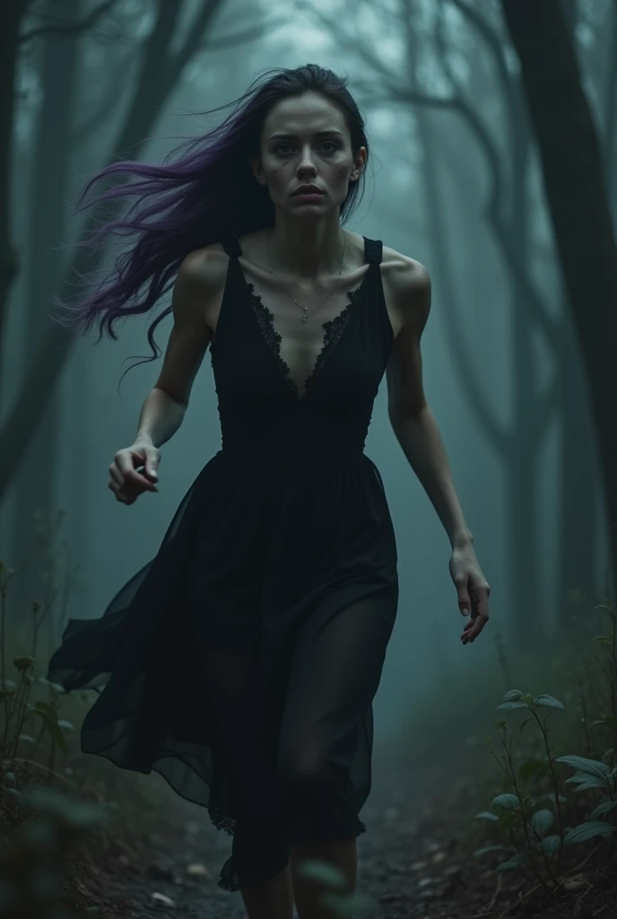 English woman,20 year, very white light skin,sparkling green eyes,long dark purple hair ,ripped black dress,sobbing,sprinting,black forest scenario,cold lighting,full focus,cinema image,品質,full body images,detailed,Photography,ela esta sobbing em desespero,tears on your face,black fog,the image shows only her from behind,((she is completely turned away))
