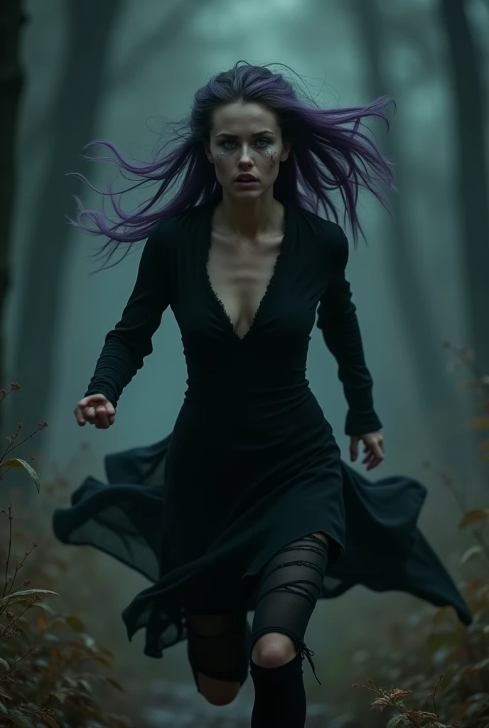 English woman,20 year, very white light skin,sparkling green eyes,long dark purple hair  ,ripped black dress,sobbing,sprinting,black forest scenario,cold lighting,full focus,cinema image,品質,full body images,detailed,Photography,ela esta sobbing em desespero,tears on your face,black fog,the image shows only her from behind,((she is completely turned away))