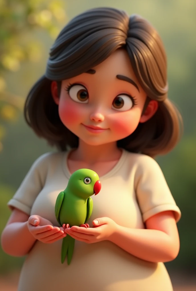 3d animation, chubby woman, with dark brown hair, holding a small green bird, with a red beak, of the ring neck species Psitaculla krameri