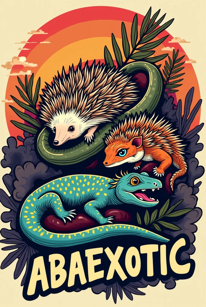 Make a pet store logo with a hedgehog, a snake, and a gecko that says albaexotic like a 70&#39;s drawing