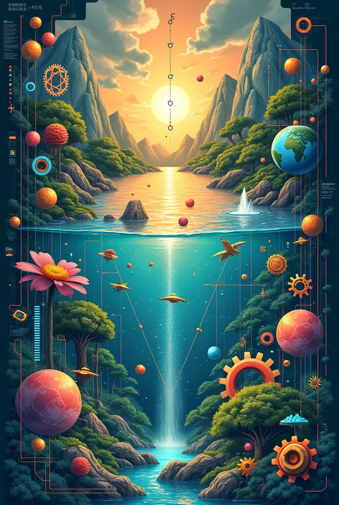 Square-shaped image that has drawings related to science, Technology and the Earth