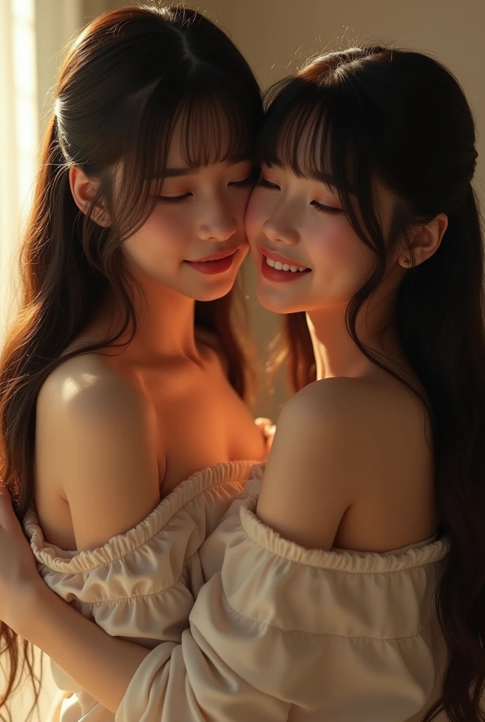 Identical twin sisters kissing, Japanese, bangs, smile、Off-the-shoulder tops、(8k、uhd、Live Shooting、Highest quality、masterpiece:1.2)、Super detailed、Super Resolution、(Hyper Reality、)Super detailed、Super Resolution、(Real、Actual Photos:1.47)、(They are hugging each other.)Leaning closer、(Fantastic lighting)Hug me、Cinema lighting、White skin、Fair-skinned female proofreading、ultra HD、Stylish lighting、Beautiful female proofreader reflecting light、Amazing details、Highly detailed beautiful、Highly detailed face、Highly detailed eyes、Extremely realistic skin、 Highly detailed fingers, Highly detailed nose, Highly detailed mouth,