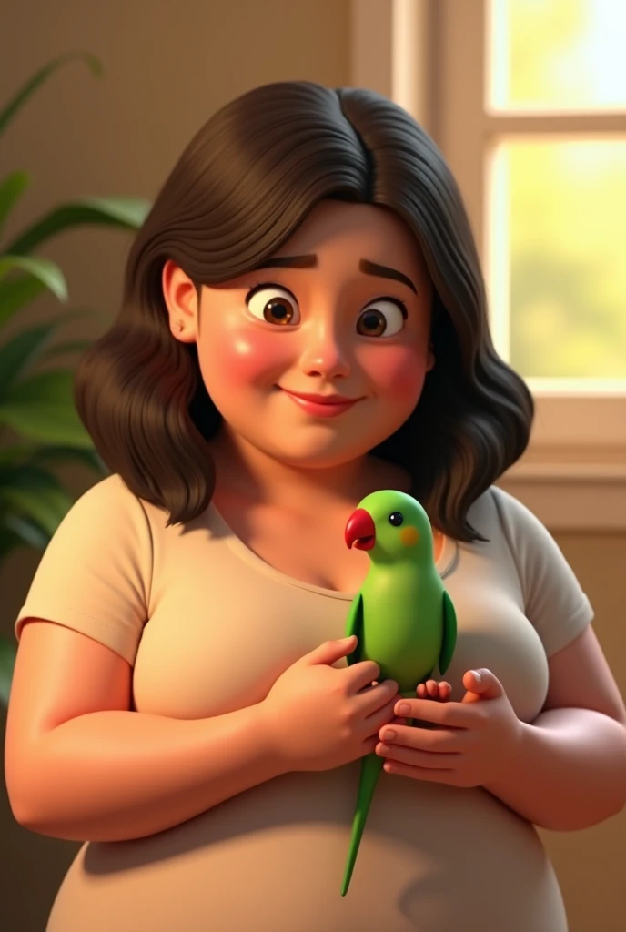 3d animation, chubby woman, with dark brown hair, holding a small green bird, with a red beak, of the ring neck species Psitaculla krameri