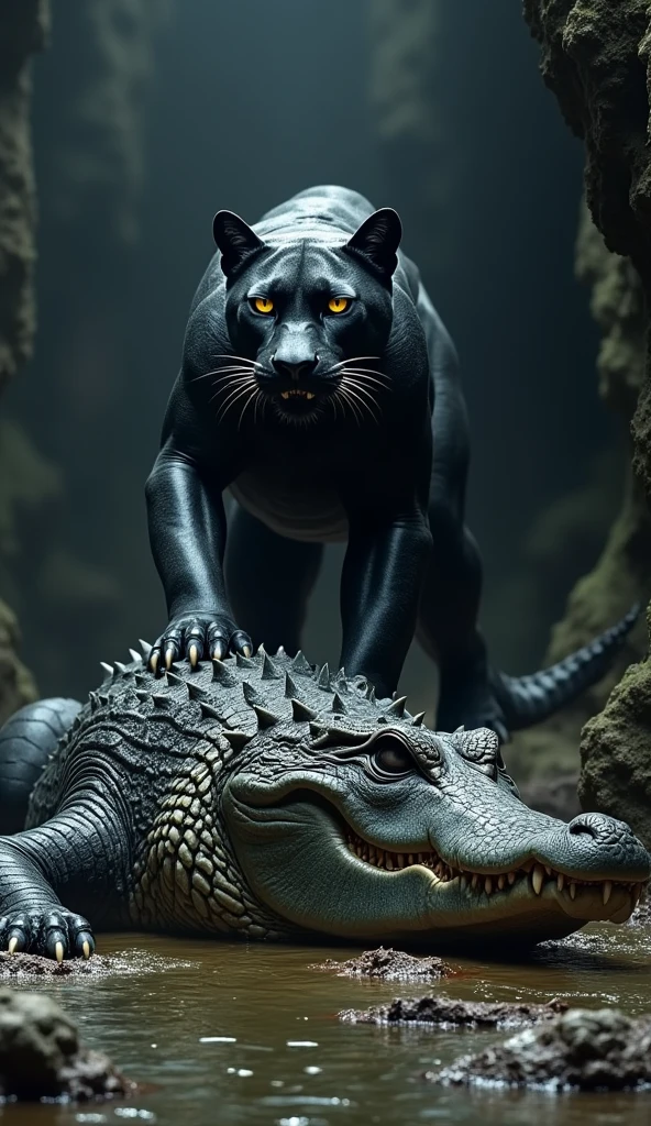 Black panther on a dead Saltwater Crocodile that it fought in a scary dark cave