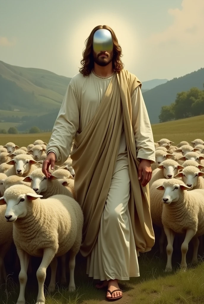 Draw me Jesus shepherding sheep without a face, that is, with a shiny head