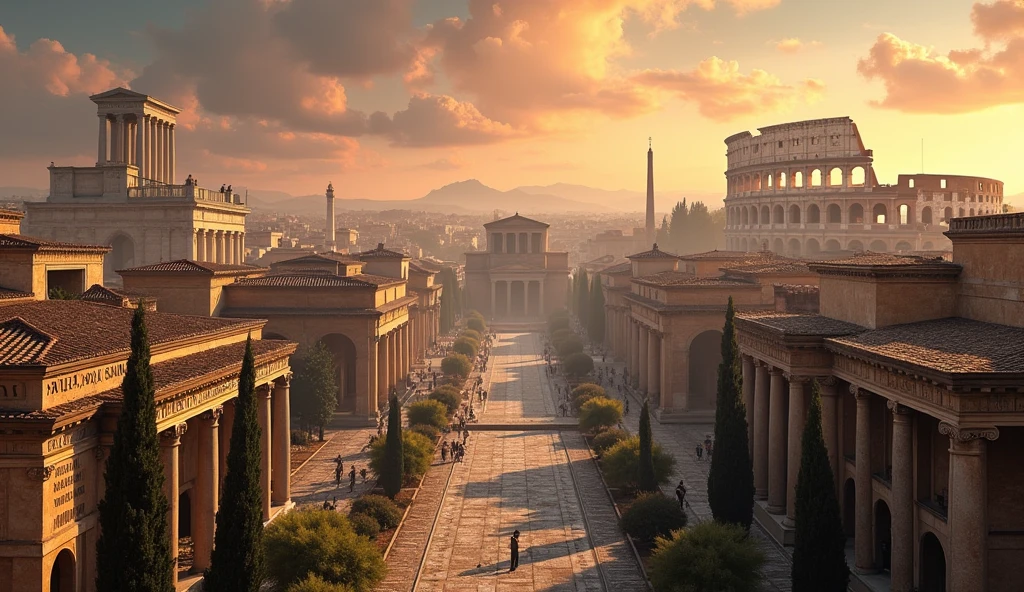 A panoramic view of ancient Rome, featuring iconic landmarks such as the Colosseum, majestic Doric columns, and grand Roman temples. The scene is bathed in warm, golden light, reflecting the glory of Rome at its peak. In the foreground, an impressive Roman forum with intricately carved statues and inscriptions on stone walls, symbolizing the wisdom of Stoic philosophy. The background is filled with towering columns, arches, and the Colosseum partially visible through the haze. The sky is a rich blend of oranges and purples, suggesting the timelessness of the philosophy. The overall composition is detailed and crisp, with textures that highlight the stonework and architectural details, providing a perfect backdrop for the lesson on Stoicism.