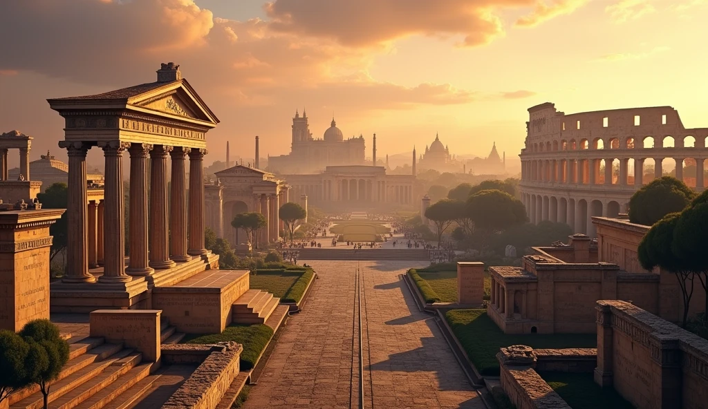 A panoramic view of ancient Rome, featuring iconic landmarks such as the Colosseum, majestic Doric columns, and grand Roman temples. The scene is bathed in warm, golden light, reflecting the glory of Rome at its peak. In the foreground, an impressive Roman forum with intricately carved statues and inscriptions on stone walls, symbolizing the wisdom of Stoic philosophy. The background is filled with towering columns, arches, and the Colosseum partially visible through the haze. The sky is a rich blend of oranges and purples, suggesting the timelessness of the philosophy. The overall composition is detailed and crisp, with textures that highlight the stonework and architectural details, providing a perfect backdrop for the lesson on Stoicism.