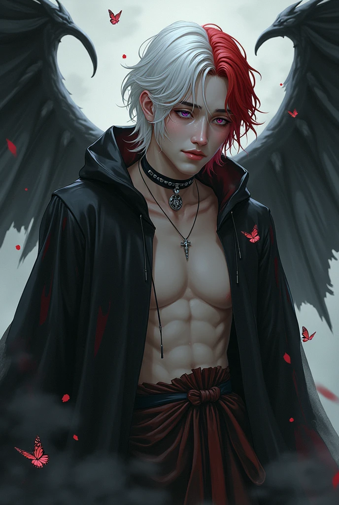 A boy who looks like someone in his 20s, her hair is white and red and her skin is white and pale, each of your eyes has a different color from the other, he is sad and melancholic because he is not reciprocated by the man he loves, he looks like someone emo, he is an angel who lost his heavenly grace and was cursed, he has vampire teeth and one of his wings is a skeleton and the other is a bat, he is a dark wizard, he has a black wolf made entirely of darkness, he wears a choker and a skeleton necklace, he also likes butterflies and is an RPG character, he cries black tears and is always accompanied by his dark wolf, the wolf appears to be made of black smoke, he also has pointy ears and wears the robes of a dark wizard.