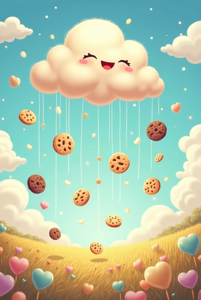 Chibi style cloud raining cookies background