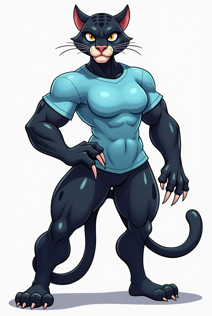Cartoon of a muscular female panther wearing a light blue shirt showing her claws and looking straight ahead