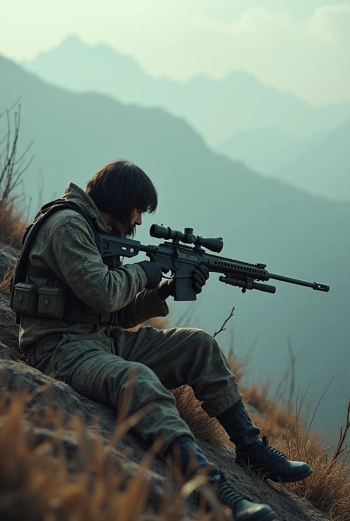 Image of a zombie apocalypse survivor dressed as a sniper on top of a mountain lying down with his sniper rifle