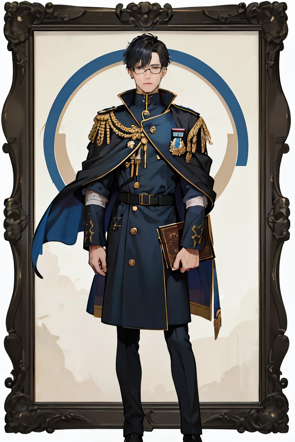 best qualityer, More details, work of art, 1 men, black short hair, Messy hair, barbicha, military clothing with a patent on the arm, blue cloak, wizard book, glasses, scars in the face, hair around the collar of the uniform, uniform in gray and blue colors, piercing and tired look, style of art.