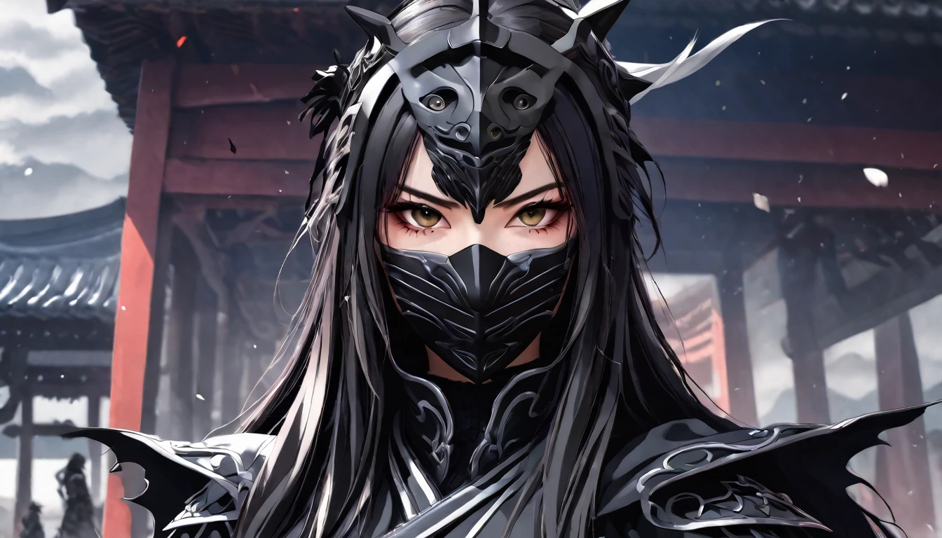 best quality masterpiece, anime,  ninja , cape,close up, black heavy detailed clothes, single person, weapon, art, dark and malevolent, weapon, armor, powerful and intimidating, (masterpiece, best quality, ultra-detailed, best shadow), (detailed background, dark fantasy) , armor, high detailed background, girl in demon slayer art, demon slayer art style, epic anime art, God death
