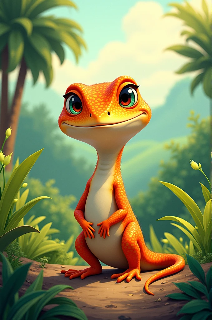 Create an illustration of a Calango (which is a type of small lizard) standing in the middle of the Brazilian Cerrado. He must have friendly features and you will use Disney, Pixar and Cartoon characters as references.