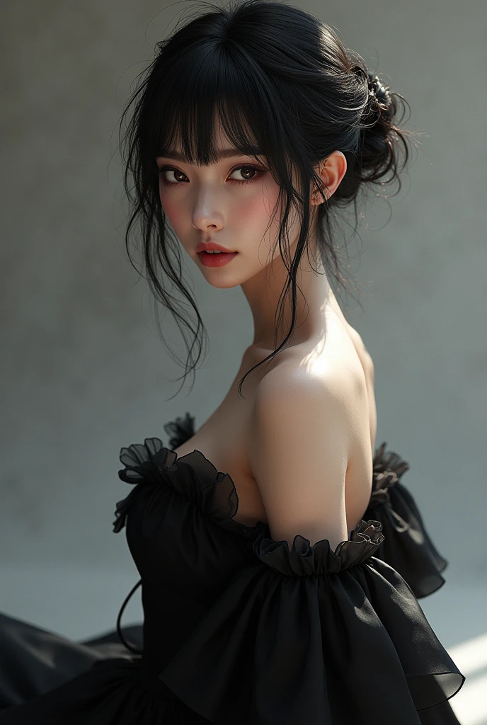 Mona genshin impact, Kizi ,face perfect, perfectbody, vestindo black gown ,short dress, black gown, looking forward