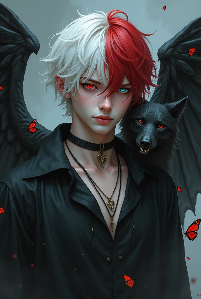 A boy who looks like someone in his 20s, her hair is white and red and her skin is white and pale, each of your eyes has a different color from the other, he is sad and melancholic because he is not reciprocated by the man he loves, he looks like someone emo, he is an angel who lost his heavenly grace and was cursed, he has vampire teeth and one of his wings is a skeleton and the other is a bat, he is a dark wizard, he has a black wolf made entirely of darkness, he wears a choker and a skeleton necklace, he also likes butterflies and is an RPG character, he cries black tears and is always accompanied by his dark wolf, the wolf appears to be made of black smoke, he also has pointy ears and wears the robes of a dark wizard.