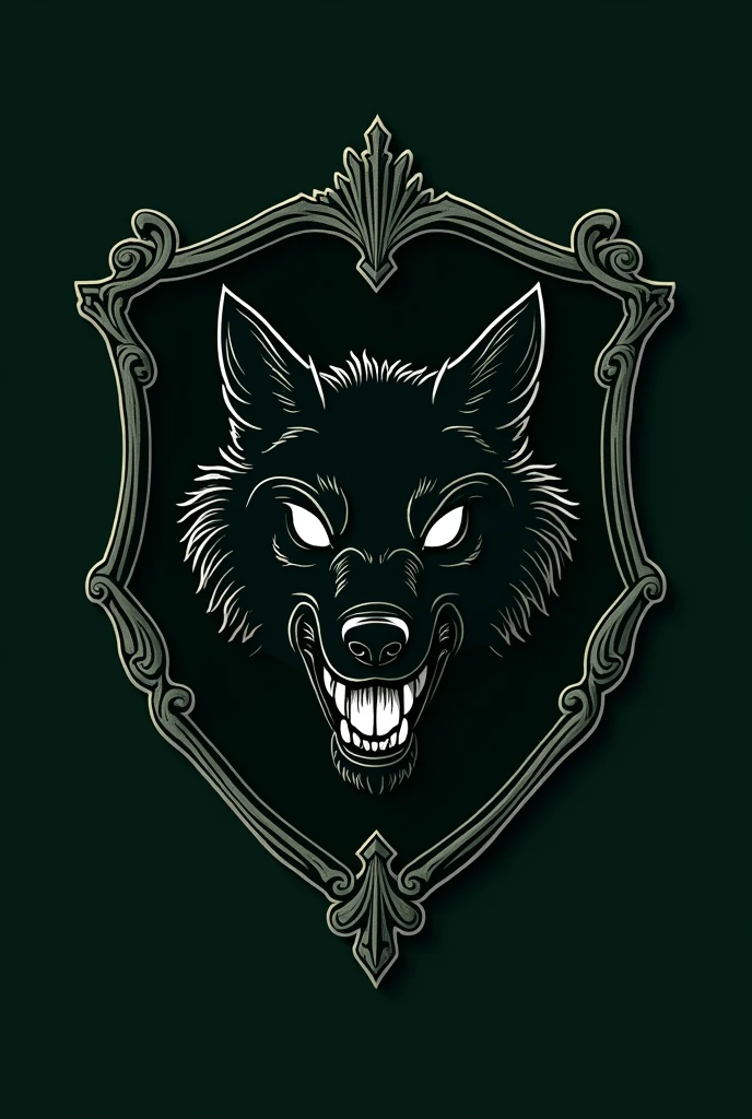 The emblem of the Necromancy faculty at Hogwarts. The color is dark green, the emblem has a black wolf with a grin. Wolf's eyes are white. The wolf should be drawn precisely in outline, as a symbol, not too realistic. The symbolism of necromancy. Coat of arms in a beautiful frame. Sterious mysterious gloomy vibes.