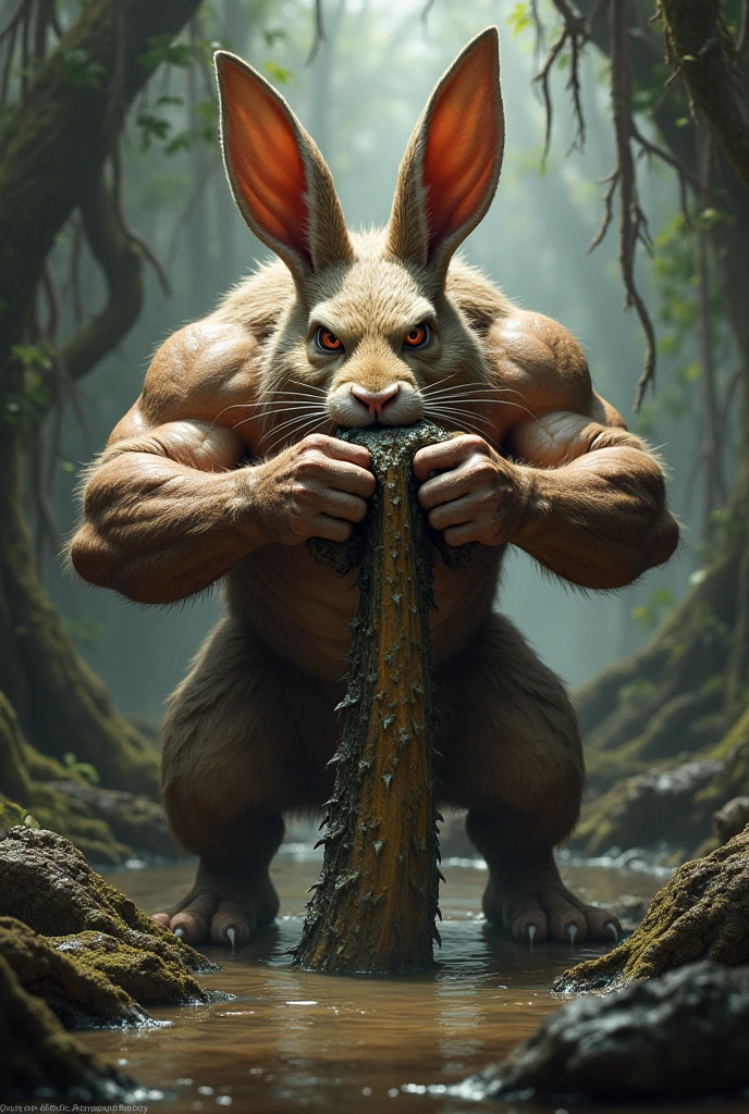 Strong muscular beefy rabbit with rabbit foot eating alligator meat