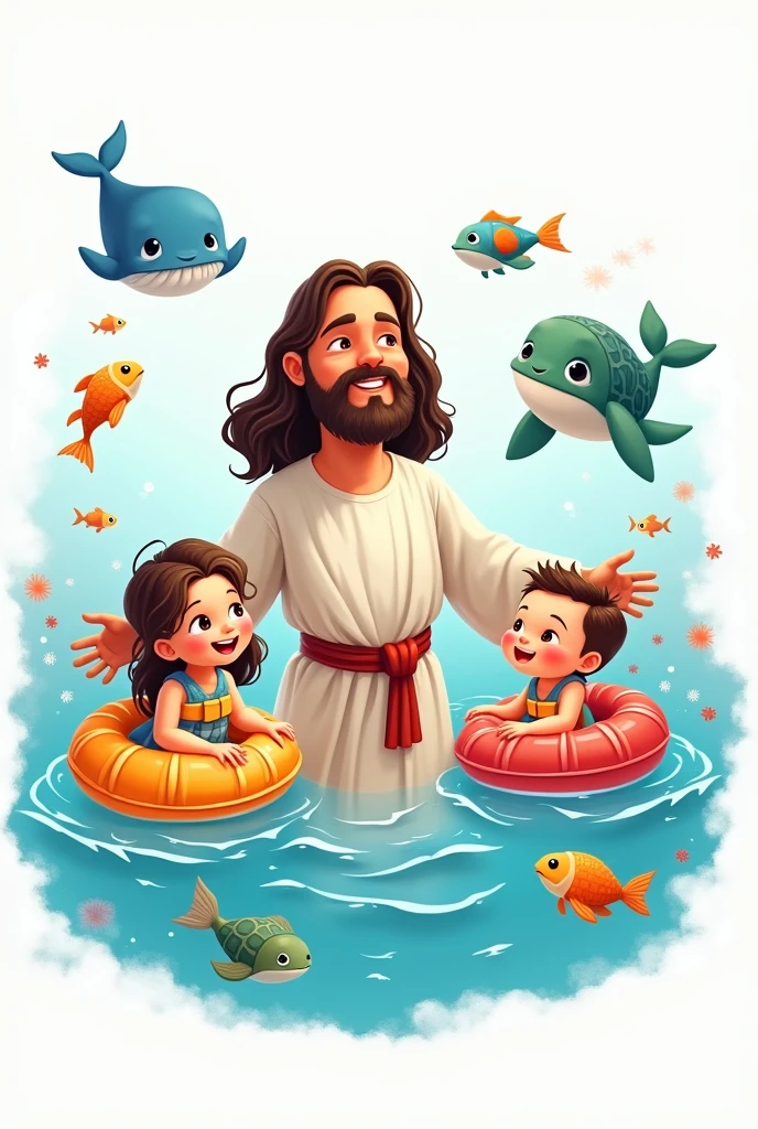 Create a written shirt art : Jesus our lifesaver. DRAWING of JESUS in the sea, with 2 cute kids with float, put fish, whale and turtles.
I WANT ALL THE ART IN CARTOON White background
