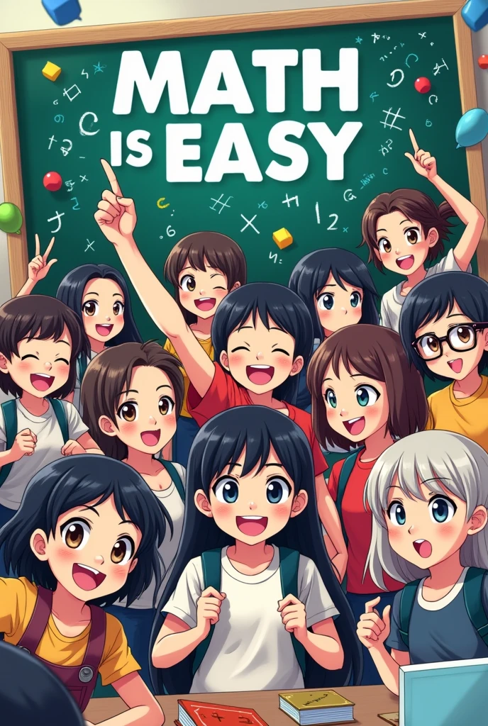 Make a poster with a theme "Math is easy" (Please use anime art and Indonesian high school students)