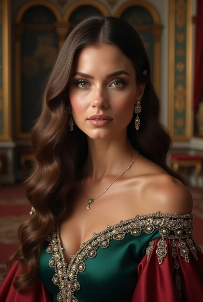 Beautiful mature woman, with long brown hair, and gray eyes. queen