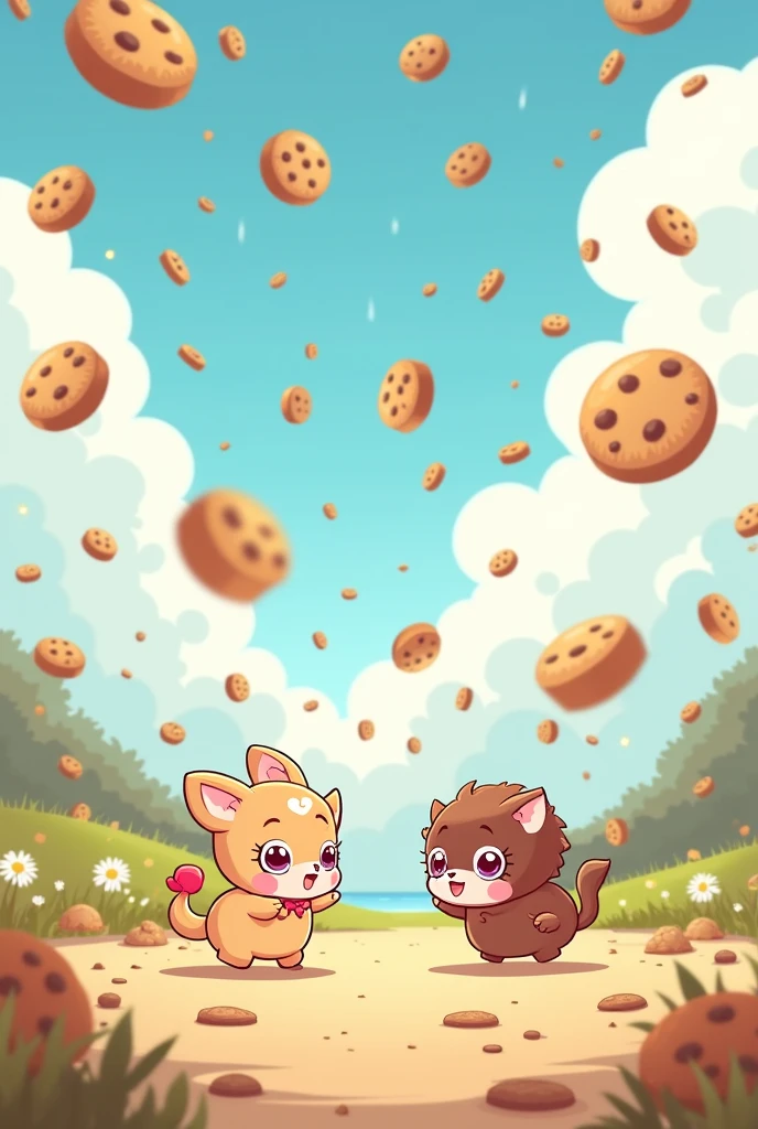 Clouds raining cookies background chibi style 2D