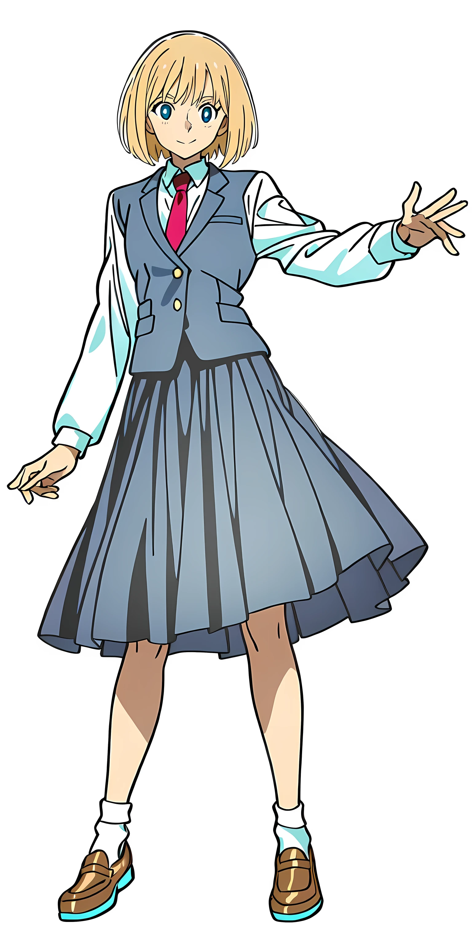 (white background:1.0), (best quality:2.0), (masterpiece:2.0), (super fine illustration:2.0), (beautiful artwork:2.0), (anime screencap:2.0), (official art:2.0), (european:1.0), (solo:1.0), (a 18yo cute girl:1.0), (long skirt:1.0), (blue skirt:1.0), (pleated skirt:1.0), (blue waistcoat:1.0), (white long sleeve collared shirt:1.0), (red necktie:1.0), (loafers:1.0), (white socks:1.0), (ideal ratio body proportions:1.0), (lanky:1.0), (tall:1.0), (slender:1.0), (small breasts:1.0), (smaller face:1.0), (smile:1.0), (cheerful:1.0), (detailed beautiful eyes:1.0), (detailed beautiful face:1.0), (glowing blue eyes:1.0), (bob cut:1.0), (swept bangs:1.0), (blonde hair:1.0), (standing:1.0), (looking at viewer:1.5)