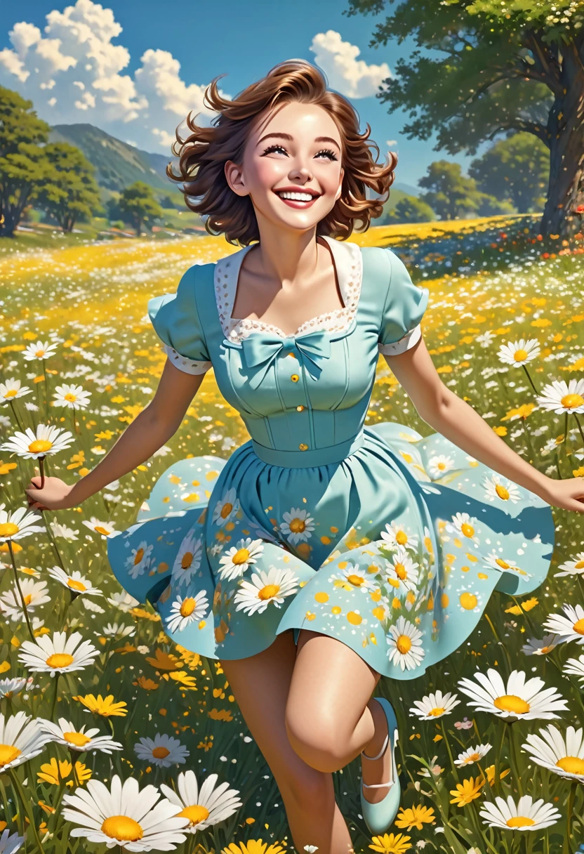 dd-cup sized breasts. short and dainty. happy, smiling cheerful face. Skipping in a magical meadow of daisies. Magical realism. 1950s Panovision 70. 4K Ultra HD, Extreme Detail And Intricate Realism. Stunning 2D Vector Detailed clear. lifelike.
