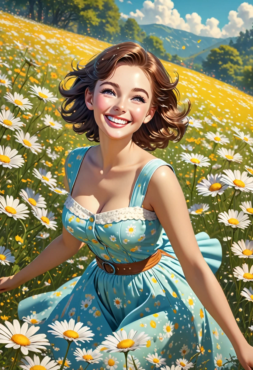 dd-cup sized breasts. short and dainty. happy, smiling cheerful face. Skipping in a magical meadow of daisies. Magical realism. 1950s Panovision 70. 4K Ultra HD, Extreme Detail And Intricate Realism. Stunning 2D Vector Detailed clear. lifelike.
