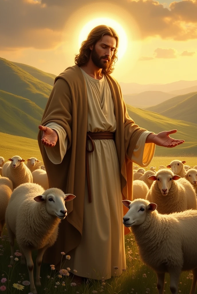 Draw me Jesus herding sheep with his head shining
