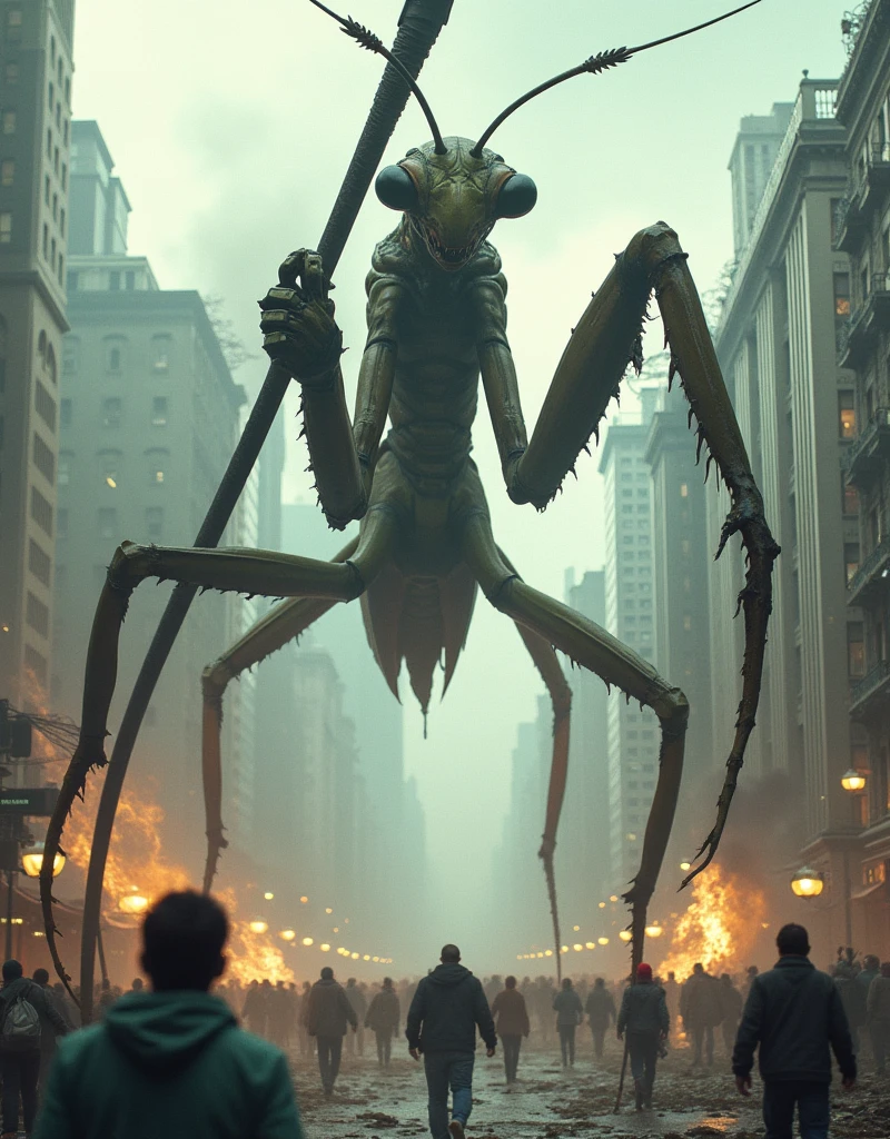 highest quallity, 8k, giant praying mantis monster, Wielding a giant scythe, Destroy the city and go on a rampage, people running around々, giant creature, motion-blur, Line of action, speed line