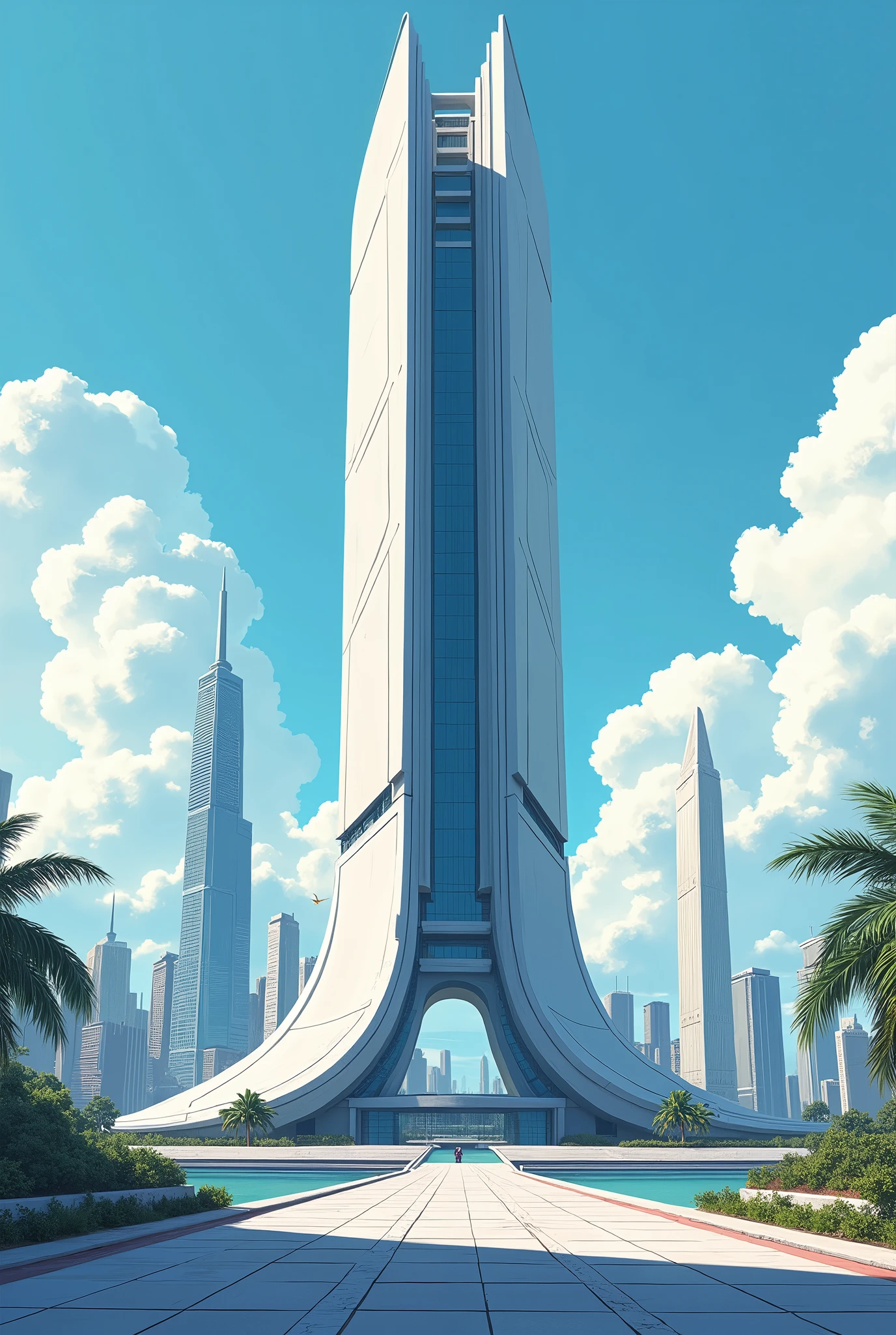 A panoramic of a cyberpunk futuristic high building, sleek design, modern touch, cyberpunk, future, centered, high quality, high detailed, sega dreamcast bitmap image, cover art style, award winning ilustration, day time, serene environment, cartoonic style, painterly touch