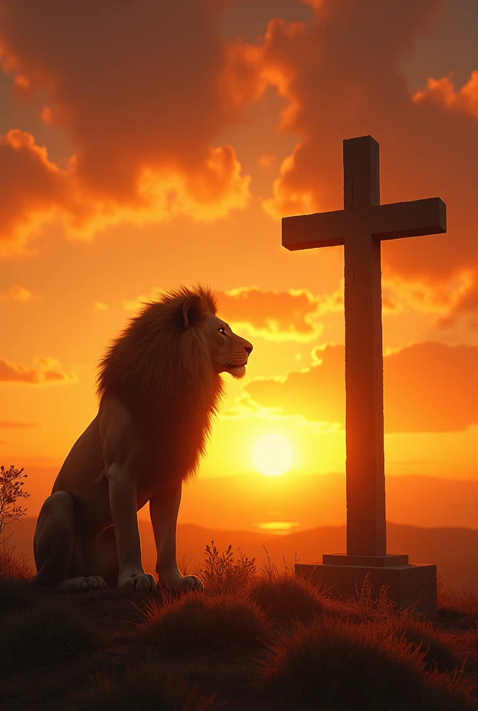 A sunset, a lion in front of a cross in horizontal landscape
