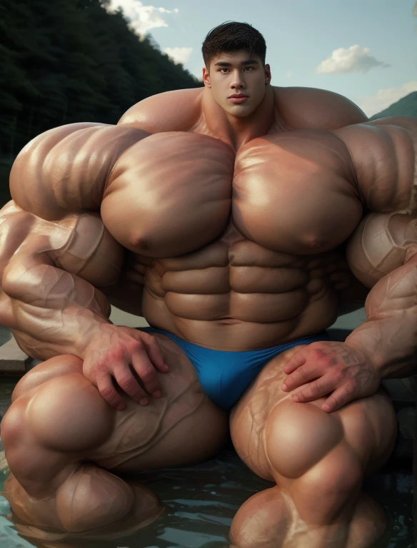 1boy, giant, asian, solo, giant bodybuilder, golden hour, strong body, bulk, large size, seated in any water dam, outdoor, nude, blue triangular underwear with enormous bulge, extraordinary big, brutalmass, giant muscular body, bulk, buff, massive body, large meaty body size, extremely wide body, tallest body