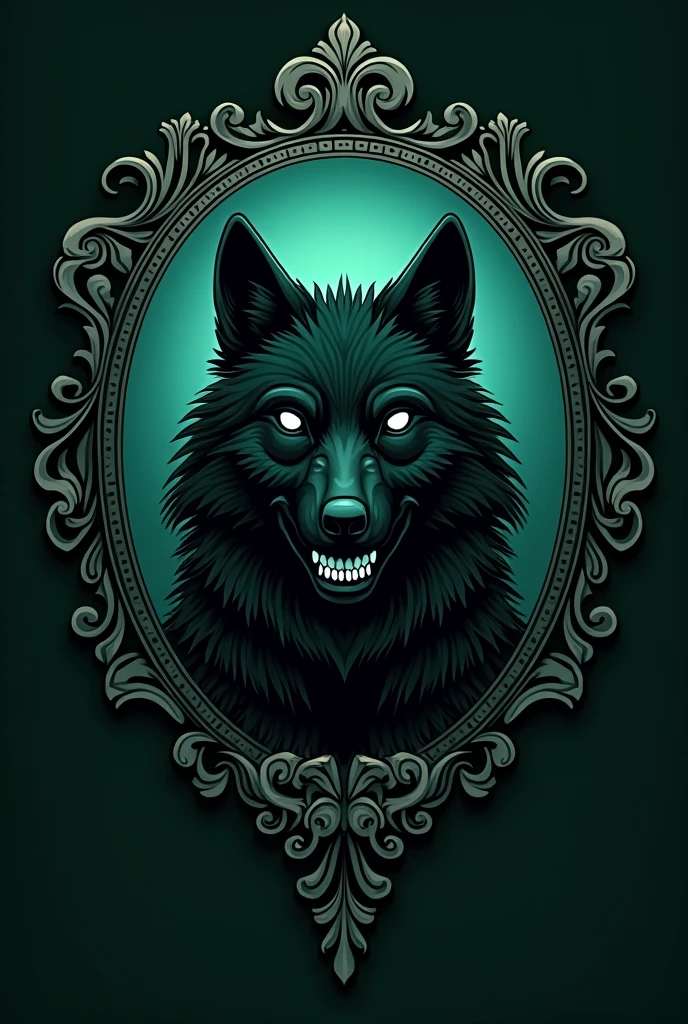 The emblem of the Necromancy faculty at Hogwarts. The color is dark green, the emblem has a black wolf with a grin. Wolf's eyes are white. The wolf should be drawn precisely in outline, as a symbol, not too realistic. The symbolism of necromancy. Coat of arms in a beautiful frame. Sterious mysterious gloomy vibes.