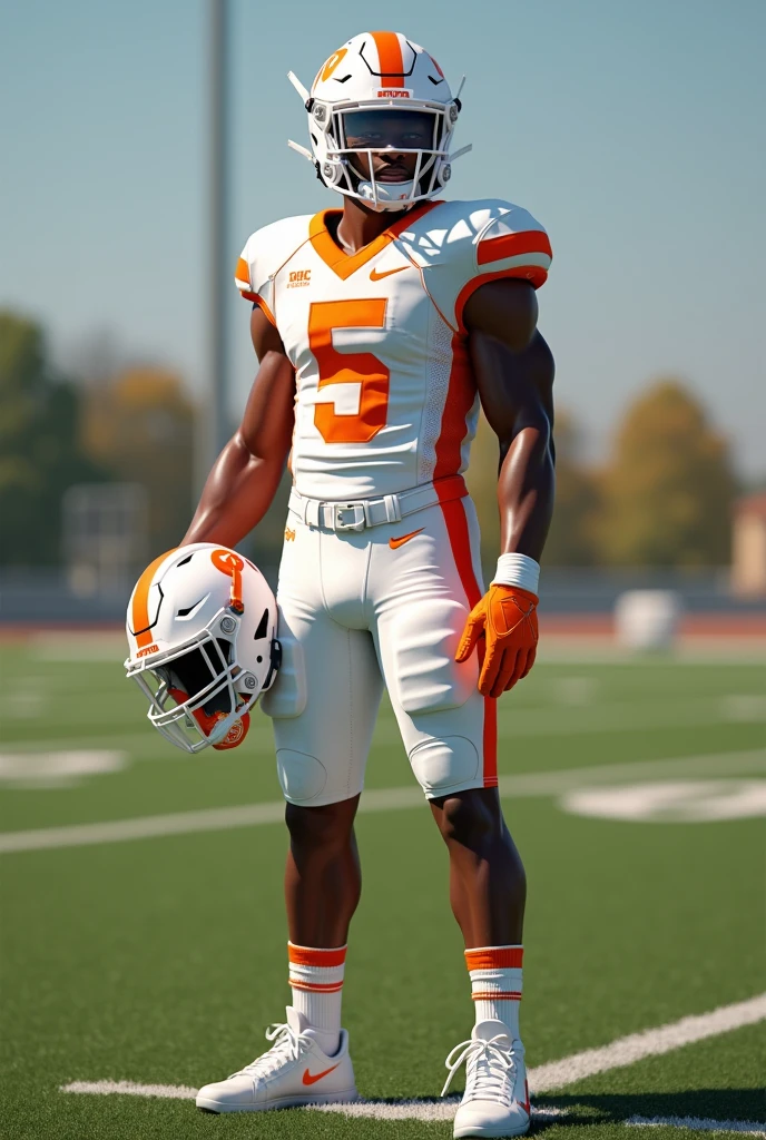 white and orange student american football outfit with matching helmet