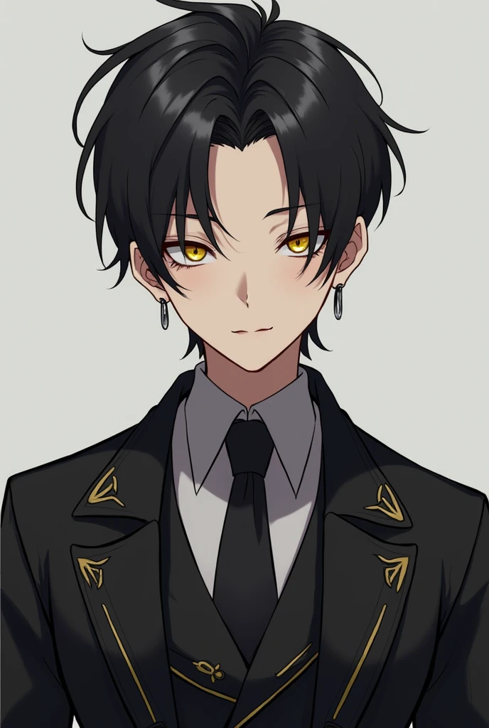 Create an image of a 30-year-old character, skin fair, manly face, has short, neat black hair, the iris of your eyes is yellow, and his clothes are a black dress shirt, red vest, white tie, red jacket, red pants, black dress shoes, small silver hoop earrings and eyebrow piercing