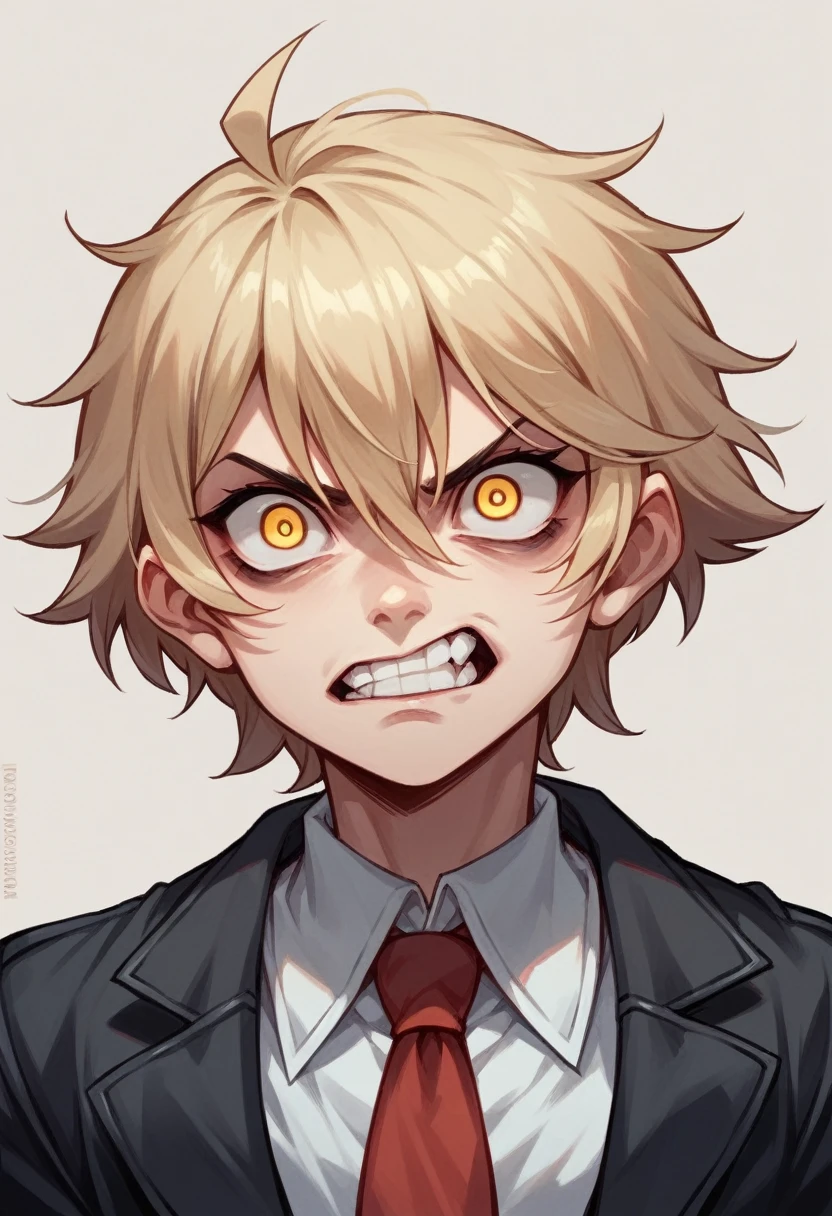 Comics style,young blond woman of 20, with short hair, with yellow eyes, eyes wide open, crazy eyes, serious face,athletic, she wears a black suit jacket, a red tie,8k,Cel shading technique , 
