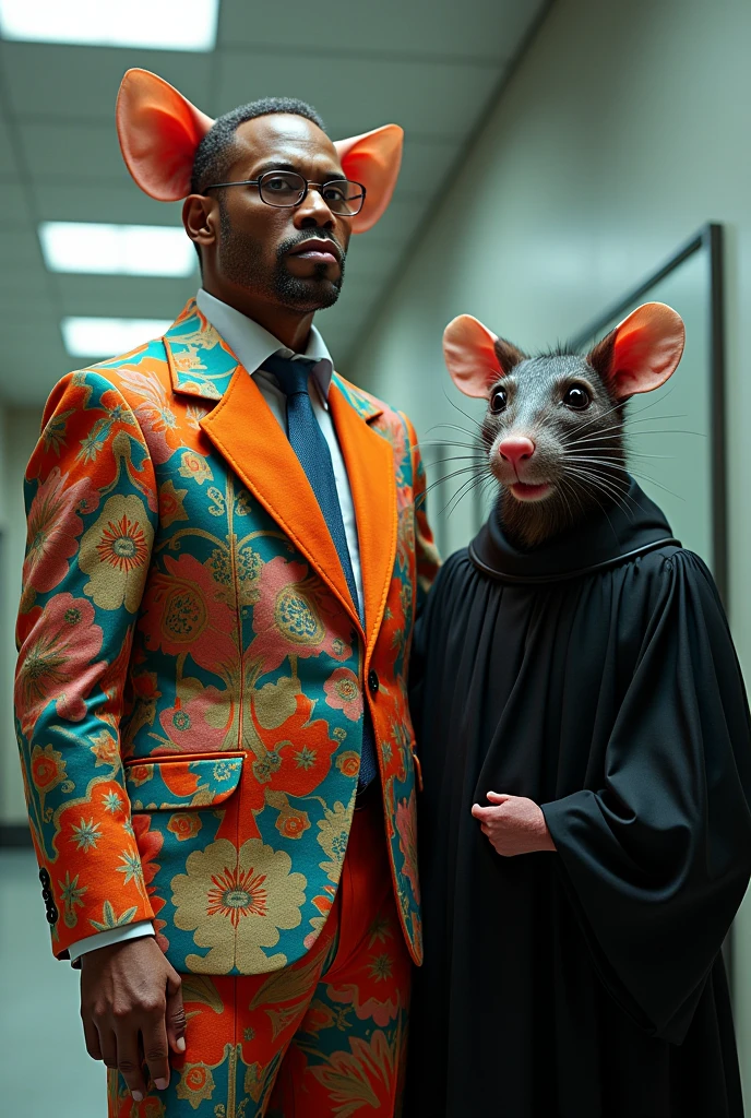 Create an image of an authority figure wearing brightly colored luxury clothing from a Prada fashion show and next to him a disgusting rat wearing a black judge's robe