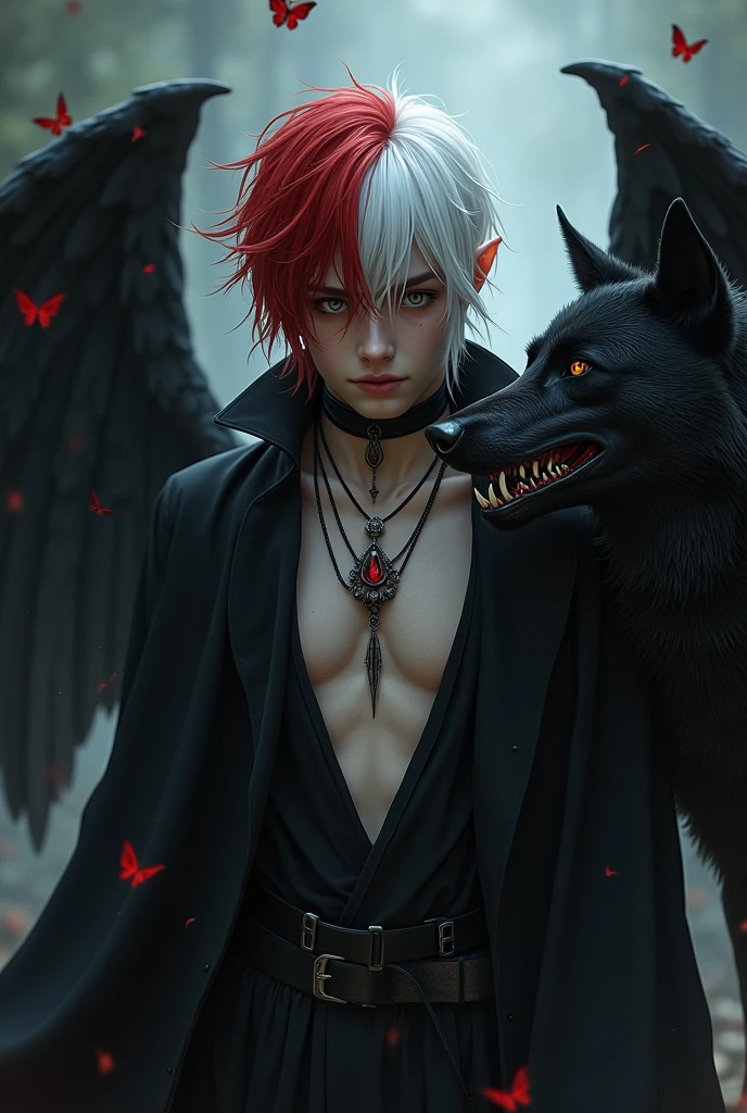 A boy who looks like someone in his 20s, her hair is white and red and her skin is white and pale, each of your eyes has a different color from the other, he is sad and melancholic because he is not reciprocated by the man he loves, he looks like someone emo, he is an angel who lost his heavenly grace and was cursed, He has vampire teeth and one of his wings is an angel's and the other is a bat's., he is a dark wizard, he has a black wolf made entirely of darkness, he wears a choker and a skeleton necklace, he also likes butterflies and is an RPG character, he cries black tears and is always accompanied by his dark wolf, the wolf appears to be made of black smoke, he also has pointy ears and wears the robes of a dark wizard.