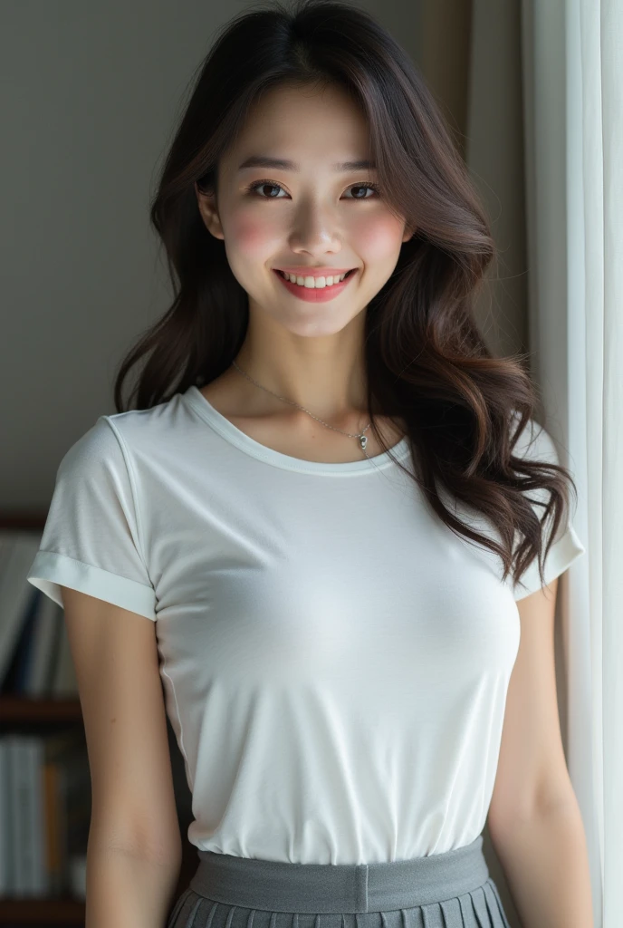 ((Highest quality)), ((masterpiece)), (detailed), Perfect Face, Beautiful Japanese Woman, White T-shirt, Fascinating, Face and body focus, (Large Breasts) , Grey pleated skirt, Realistic, photograph, Shiny blouse, blush, smile,Have a shoulder back
