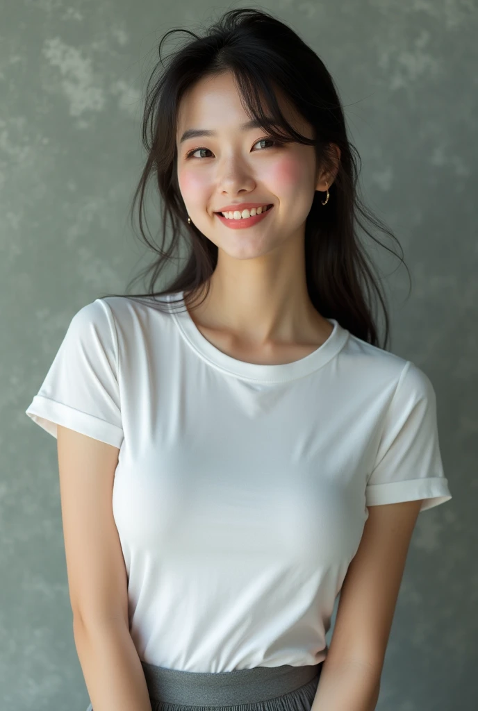 ((Highest quality)), ((masterpiece)), (detailed), Perfect Face, Beautiful Japanese Woman, White T-shirt, Fascinating, Face and body focus, (Large Breasts) , Grey pleated skirt, Realistic, photograph, Shiny blouse, blush, smile,Have a shoulder back