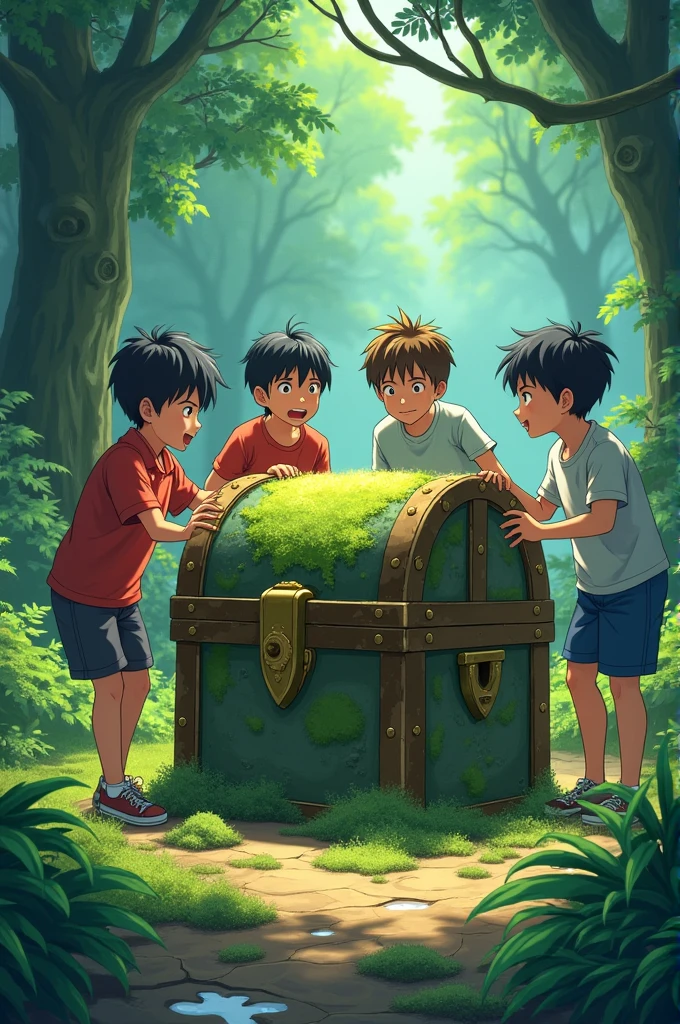 The boys reach an old, moss-covered chest partially buried in the ground. Anime styles